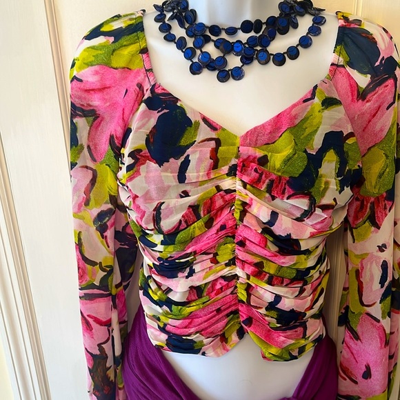 Abercrombie & Fitch Top Sweetheart Neckline Long Sleeves Pink Floral Small Crop - Picture 3 of 17